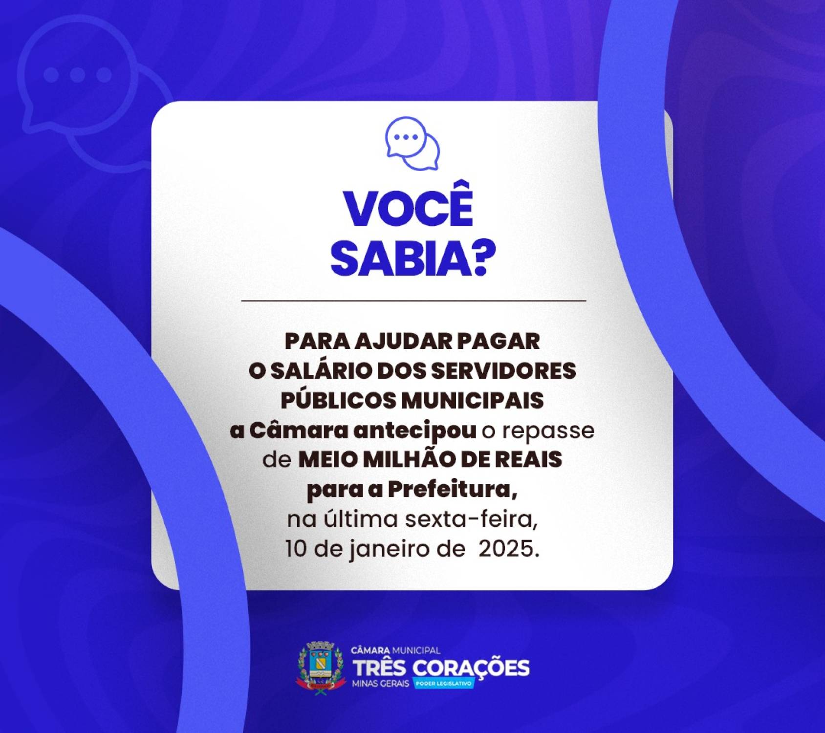 Câmara de Três Corações realiza repasse de R$ 500 mil à Prefeitura para auxiliar no pagamento de servidores